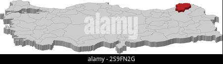 Karte der Türkei als graues Stück ist Artvin rot hervorgehoben. Stock Vektor