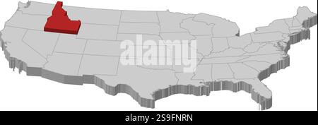 Karte der Vereinigten Staaten als graues Stück. Idaho ist rot hervorgehoben. Stock Vektor