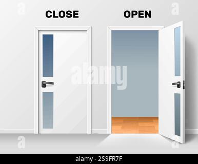Offene und geschlossene Tür mit Aufschrift. Eleganter, moderner weißer Eingang mit Glas, schwarzen Griffen, Büro- oder Wohnausgang. Halt oder willkommen. Realistisch Stock Vektor