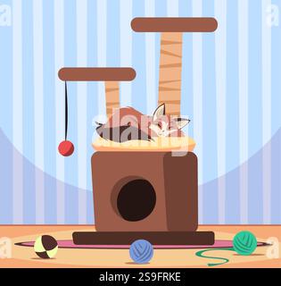 Glückliche Katze, die auf seinem Haus schläft. Zuhause für Haustier mit Spielzeug und Kratzbaum. Niedliches Hauskätzchen, das lügt. Reinrassiges, entzückendes Haustier. Cartoon Flat Stock Vektor