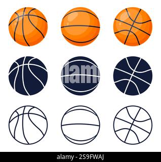 Basketball-Symbole Set. Kugeln verschiedene Seitenansichten, Silhouette, Linie und orange bunt. Logo für Meisterschaft oder Turnier-Profi. Team Stock Vektor