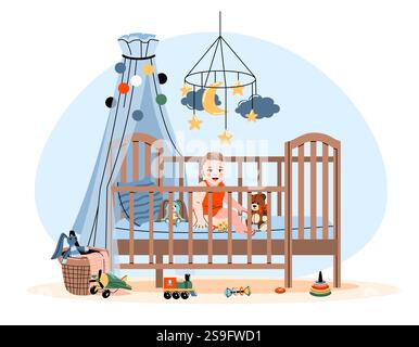 Baby sitzt im Kinderbett. Einrichtung des Kindergartens, Kinderzimmer mit Bett und Spielzeug, Gegenstände für Neugeborene. Glückliches Mädchen. Kindheit und Elternschaft. Kinder schlafen, Zeichentrickfilm Stock Vektor