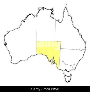 Karte von Australien mit den Provinzen, South Australia ist gelb hervorgehoben. Stock Vektor