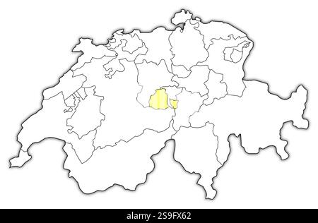 Karte von Swizerland mit den Provinzen, Obwalden ist gelb hervorgehoben. Stock Vektor