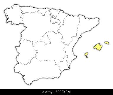 Karte von Spanien mit den Provinzen, Balearen sind gelb hervorgehoben. Stock Vektor