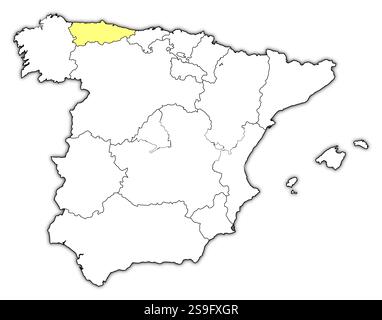 Karte von Spanien mit den Provinzen, Asturien ist gelb hervorgehoben. Stock Vektor