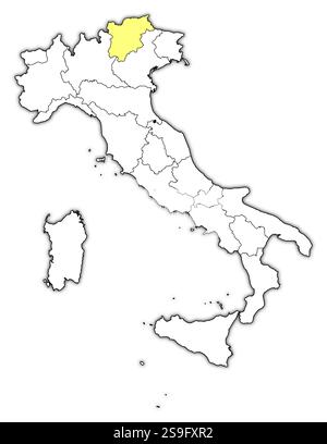 Karte von Italien mit den Provinzen, Trentino-Südtirol/Südtirol ist gelb hervorgehoben. Stock Vektor