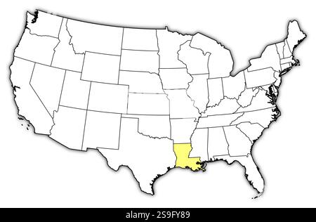 Karte der Vereinigten Staaten mit den Provinzen Louisiana ist gelb hervorgehoben. Stock Vektor