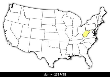 Die Karte der Vereinigten Staaten mit den Provinzen West Virginia ist gelb markiert. Stock Vektor