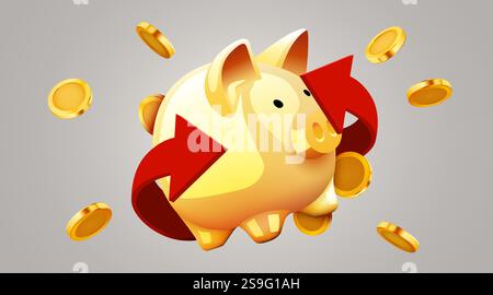 Schweinebank mit goldenen Münzen und Pfeilen. Cashback- oder Gewinnkonzept. Vektorabbildung Stock Vektor