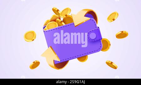 Realistische Geldbörse mit fliegenden Münzen und Pfeilen. Vektorabbildung Stock Vektor