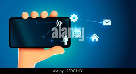 Smartphone mit Internet-Symbolen in der Hand. Vektorabbildung Stock Vektor