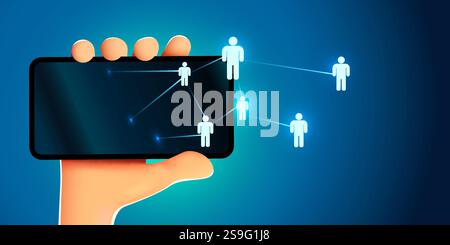 Hand hält Smartphone mit Personensymbolen. Social Network oder Social Media Konzept. Vektorabbildung Stock Vektor