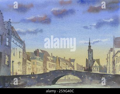 Brügge, Belgien Sonnenuntergang Malerei. Aquarell Belfried von Brügge erhebt sich über mittelalterlichen Gebäuden der Stadt. Die Skyline von Brügge ist ein Kunstwerk mit Wasserfarben Stockfoto