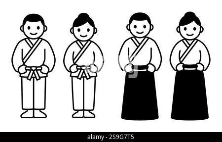 Symbol für männliche und weibliche Aikido-Figuren. Weiße Kimono-Uniform (Gi) und Hakamahose. Einfache Mann- und Frauenlinie Symbol, schwarz-weiße Vektor-Illustration Stock Vektor