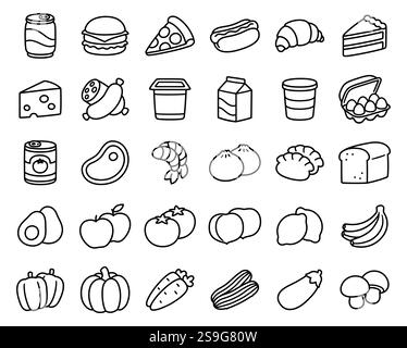 Handgezeichneter Kritzelstil Symbole für Lebensmittel: Fleisch und Milchprodukte, Obst und Gemüse, Fast Food. Zeichentrickfilm handgezeichnet Illustrationsset. Stock Vektor