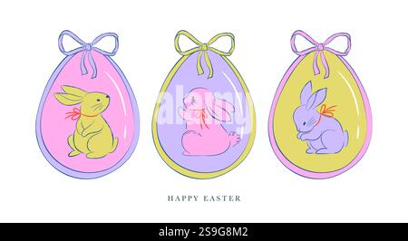 Osterdesign, handgezeichnete Rahmen, süße Illustrationen von Hasen, Eiern, Bögen, Blumen und Korb in Dolce vita niedlichem Stil, pastellfarbene Illustrationen Stock Vektor