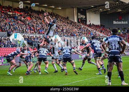 Bristol, Großbritannien. 26. Januar 2025; Ashton Gate, Bristol, England; Gallagher Premiership Rugby, Bristol Bears gegen Newcastle Falcons; Lock Sebastian de Chaves aus Newcastle nimmt einen Fang aus einem Lineout. Credit: Action Plus Sports Images/Alamy Live News Stockfoto