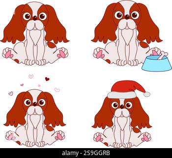 Kompositionsset von Kavalier King Charles Spaniel, der mit weihnachtsmann-Hut, Herz, Schüssel und Knochen sitzt. Grafische Linienvektorgrafik Stock Vektor