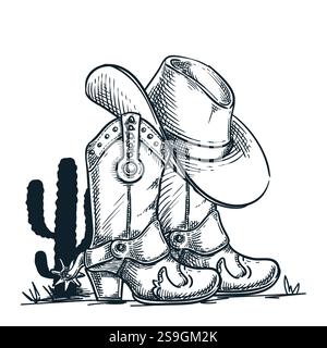 Cowboystiefel, Westerhut, Kakteen. Wild West Vintage Print Design Element isoliert auf weißem Hintergrund. Vektorgrafik von Hand gezeichnet Stock Vektor