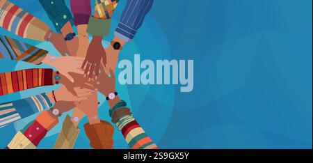 Gruppenhände übereinander von multikulturellen Menschen. Gemeinschaftliche Zusammenarbeit oder ethnisches Konzept. Vielfältige Kultur. Gleichstellung Der Vielfalt Stock Vektor