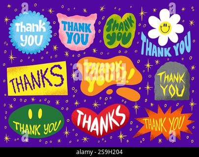 Lächeln Aufkleber. Retro-Collage-Emoji-Elemente. Cooles „Happy and Love“-Logo. Vielen Dank für Schriftarten. Textbaustein. Farbformen. Danksagung. Stock Vektor