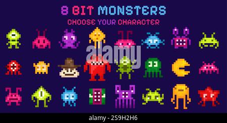 8-Bit-Spielsymbole. Pixelmonster für Computer-Video-Retro-Kunst. Lustige außerirdische Kreatur Hintergrund. Gruseliges Tier oder Raumschiff. UFO-Biest. Galaxy-Dämon. Cy Stock Vektor