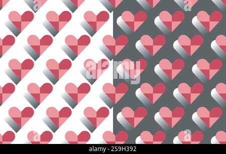 Karierte Herzform, Schattenverlauf, abstraktes nahtloses Muster, 2er-Set. Dekoratives grafisches ornamentales geometrisches Gitter. Farbpalette Rosa Rot Stock Vektor
