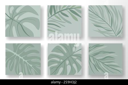Inspirierendes Mockup-Vorlagenset für soziale Medien mit eleganten Blattabbildungen in beruhigenden Grüntönen Stock Vektor