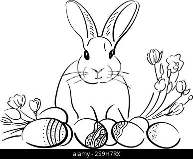 Osterhase und Eier, Strichzeichnung. Ostern Illustration mit einem Häschen. Vektorskizze eines Kaninchens in schwarzer Linie, isoliert vom Hintergrund Stock Vektor