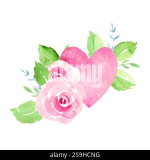 Blumenkomposition zum Valentinstag oder zur Hochzeit mit Herz und rosa Rosen. Ein minimalistisches alla prima Aquarellgemälde auf weißem Hintergrund Stock Vektor