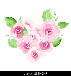 Pink Roses Herzform. Für Valentinstag- oder Hochzeitsmotive. Einfache, minimalistische Aquarellmalerei. Handgezeichneter Blumenstrauß isoliert auf A Stock Vektor