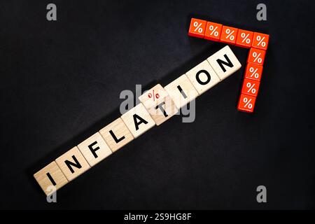 Aufblasworte auf Holzblock mit einem Prozentsymbol in Form eines Pfeils. Konzept einer hohen Inflationsrate. Wirtschaft und Wirtschaft Stockfoto