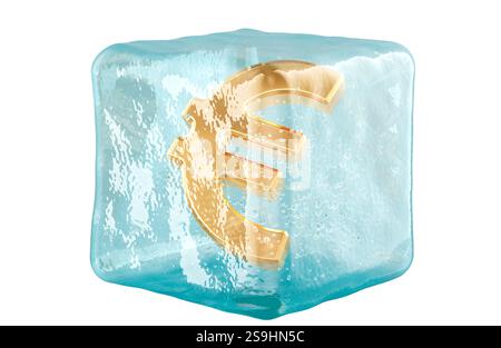 Euro Symbol in Eiswürfel gefroren, 3D-Rendering auf weißem Hintergrund Stockfoto
