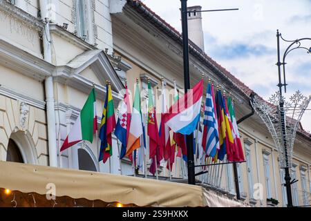 Fahnen über dem Eingang eines Hotels in Sibiu, Rumänien Stockfoto