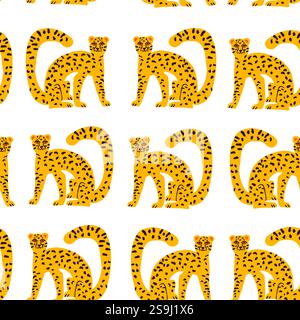 Ein stilvolles Muster mit niedlichen Wildkatzen wie Tigern und Leoparden auf weißem Hintergrund. Perfekt für moderne Designs, Mode, Textilien und Projekte mit Tiermotiven mit trendigem, verspieltem Flair. Vektorabbildung Stock Vektor