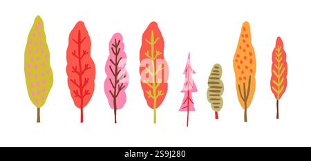 Eine Sammlung stilisierter Bäume in leuchtenden Herbstfarben, die eine horizontale Waldszene schaffen. Perfekt für Herbstprojekte, ClipArt, saisonale Designs und naturinspirierte Illustrationen. Vektorabbildung Stock Vektor