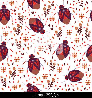 Verspieltes Vektormuster mit roten Insekten, floralen Elementen und gepunkteten Akzenten auf weißem Hintergrund. Perfekt für Textilien, Tapeten, Geschenkverpackungen und kreative Designs mit auffälligen, von der Natur inspirierten Designs. Vektorabbildung Stock Vektor