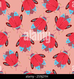 Stilvolles Vektormuster mit Wanzen mit Blumenmotiven auf einem blassrosa Hintergrund. Die rot-rosa Farbpalette und der Einfluss von Volkskunst machen dieses Design perfekt für dekorative Projekte und modernes Design. Vektorabbildung Stock Vektor