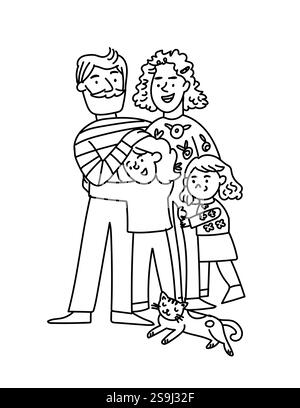 Umrissdarstellung einer glücklichen Familie mit einer Mutter, einem Vater und zwei Töchtern, die zusammen umarmen, begleitet von einer fröhlichen Katze. Perfekt für Kinderbücher, Familienmotive und herzerwärmende Profis. Vektorabbildung Stock Vektor