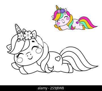 Ein süßes schlafendes Einhorn. Ausmalseite. Vektorabbildung... Stock Vektor