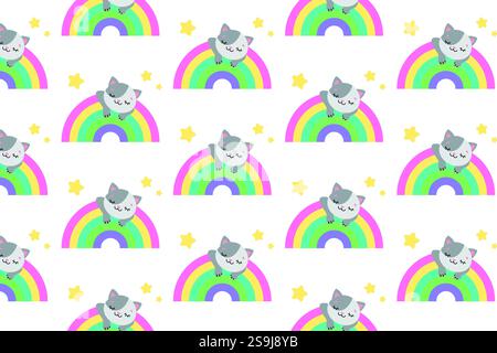 Zeichentrickmuster. Katze schläft auf einem Regenbogen. Vektorabbildung. Stock Vektor