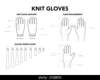 Set von Strickhandschuhen Details - Maße, Länge, Anatomie technische Mode Accessoires Illustration. Ansicht der flachen Handbekleidung. Frauen Männer Unisex CAD Modell isoliert auf weißem Hintergrund Stock Vektor
