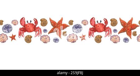 Dekoratives rechteckiges nahtloses Muster, bestehend aus Aquarellabbildungen zum Thema Meer. Krabben, Muscheln, Seesterne, Seeigel Stockfoto