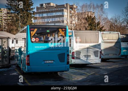 SKOFJA LOKA, SLOWENIEN - 26. DEZEMBER 2024: Arriva-Busse parken an einem Bahnhof in Skofja Loka, Slowenien. Teil der Deutschen Bah DB Group, Arriva Slovenija Stockfoto