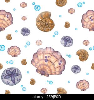 Nahtloses Muster im Meeresdesign. Handgezeichnete Aquarellillustration. Meer, Meer, Meer, Meer, Salzwasser, Meerestiere, Tiere, Natur, Tierwelt, Auto Stockfoto