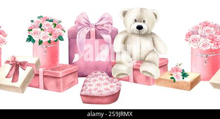 Nahtloser Rand aus weichem Teddybär mit Geschenkboxen und rosa Rosensträußen. Aquarellbanner mit niedlichem Plüschtier mit Blumen und Geschenken auf isoliert Stockfoto