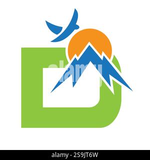Initial Monogramm Letter D Vacation Logo Konzept mit Mount-, Sonne- und Vogelsymbol. Reiselogo Stock Vektor