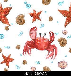 Aquarellillustration handgezeichnet. Meeresmuster mit Walen, Krabben, Fischen, Seesternen, Muscheln und Seeigel Stockfoto