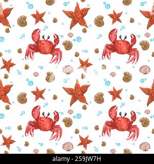 Aquarellillustration handgezeichnet. Meeresmuster mit Walen, Krabben, Fischen, Seesternen, Muscheln und Seeigel Stockfoto